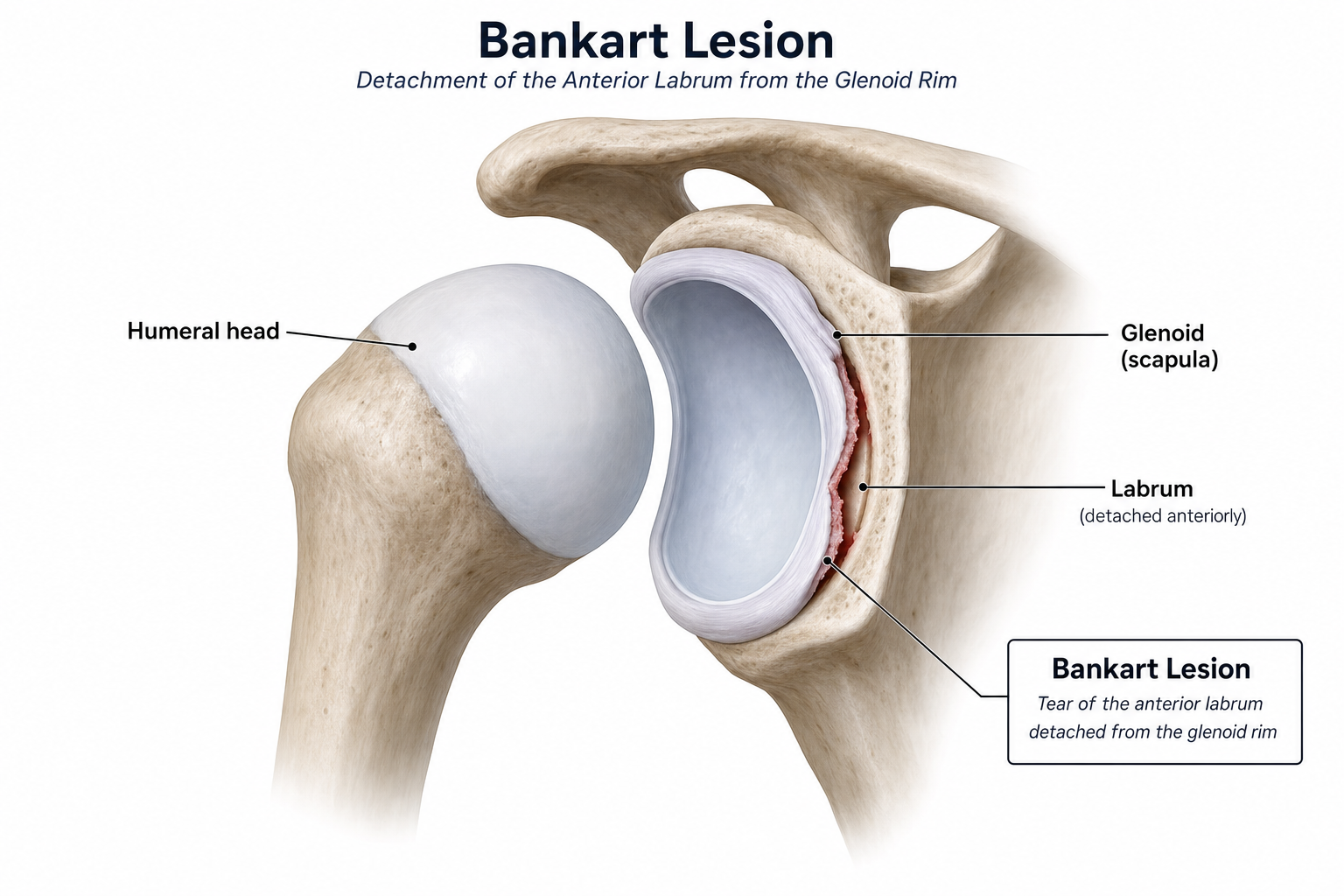 Medical illustration of a Bankart labral tear in the glenohumeral shoulder joint
