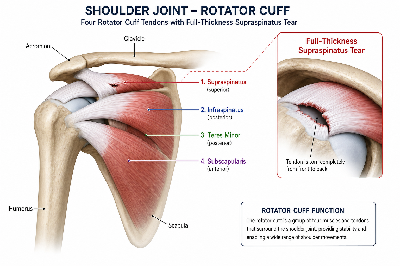 Anatomical illustration of a full-thickness rotator cuff tear in the shoulder joint