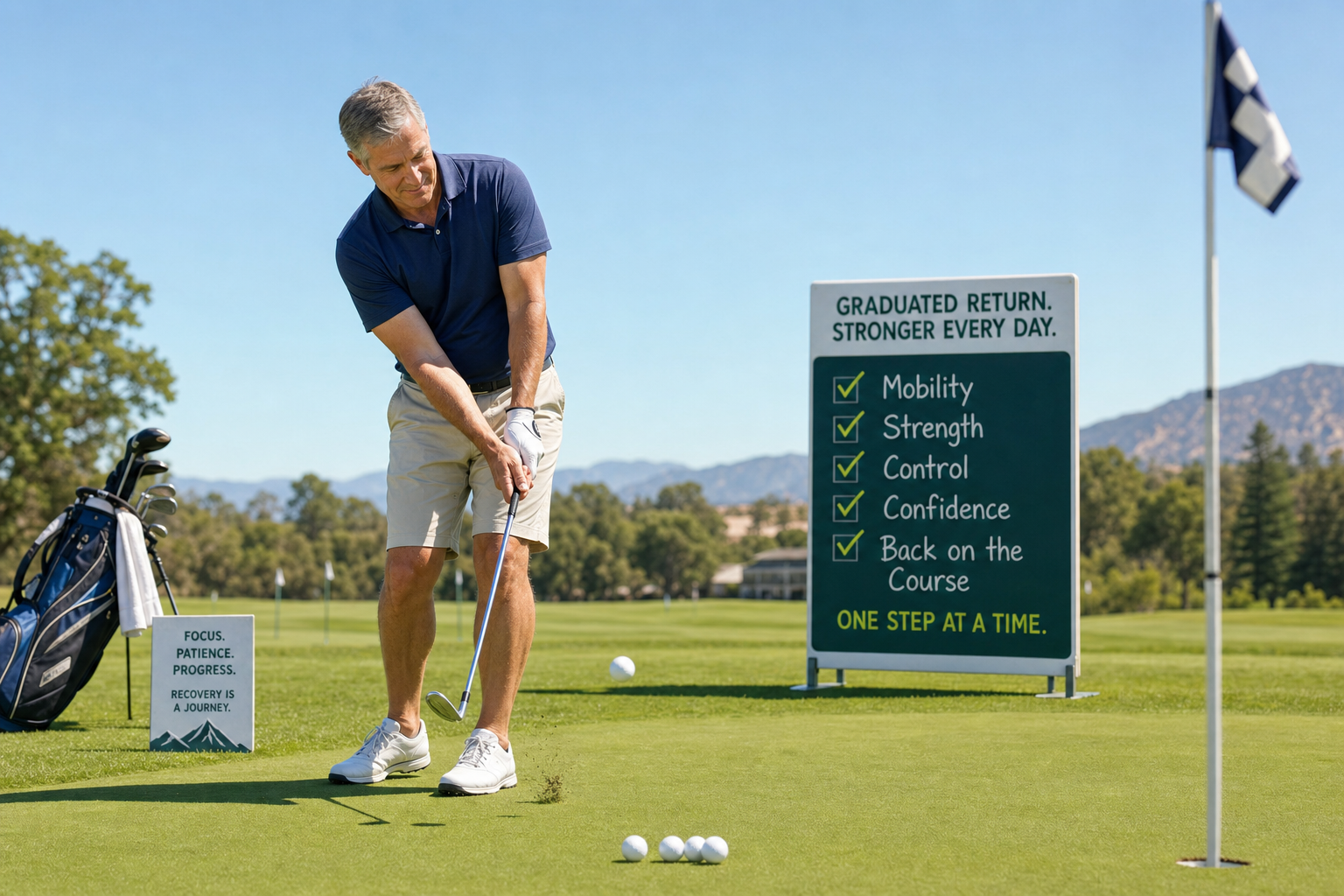 Golfer practicing a controlled chip shot during graduated return to golf after shoulder arthroscopy recovery