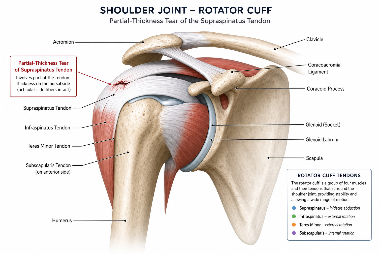 Anatomical illustration of a partial rotator cuff tear in the shoulder showing the supraspinatus tendon