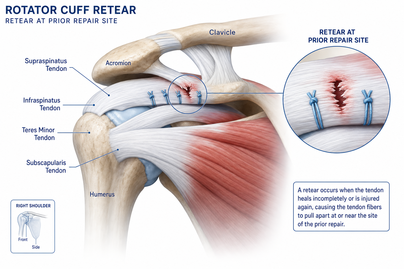 Anatomical illustration of the shoulder rotator cuff showing a retear at a prior surgical repair site