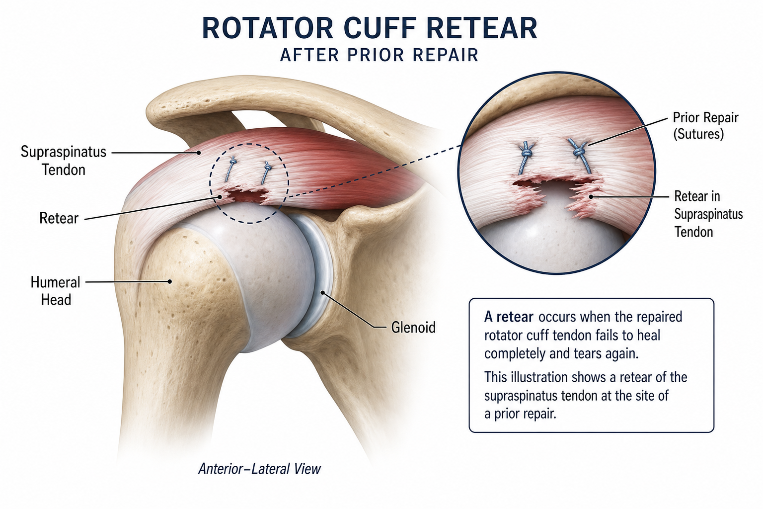 Anatomical illustration of a rotator cuff retear after shoulder surgery showing tendon and joint structures