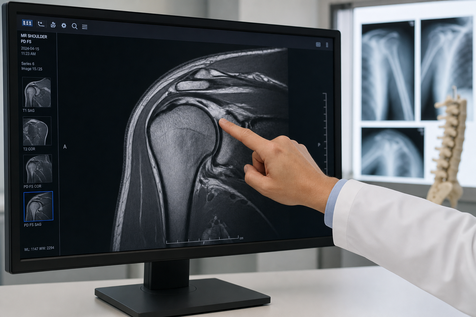 Physician reviewing shoulder MRI scan on a digital monitor in a clinical setting