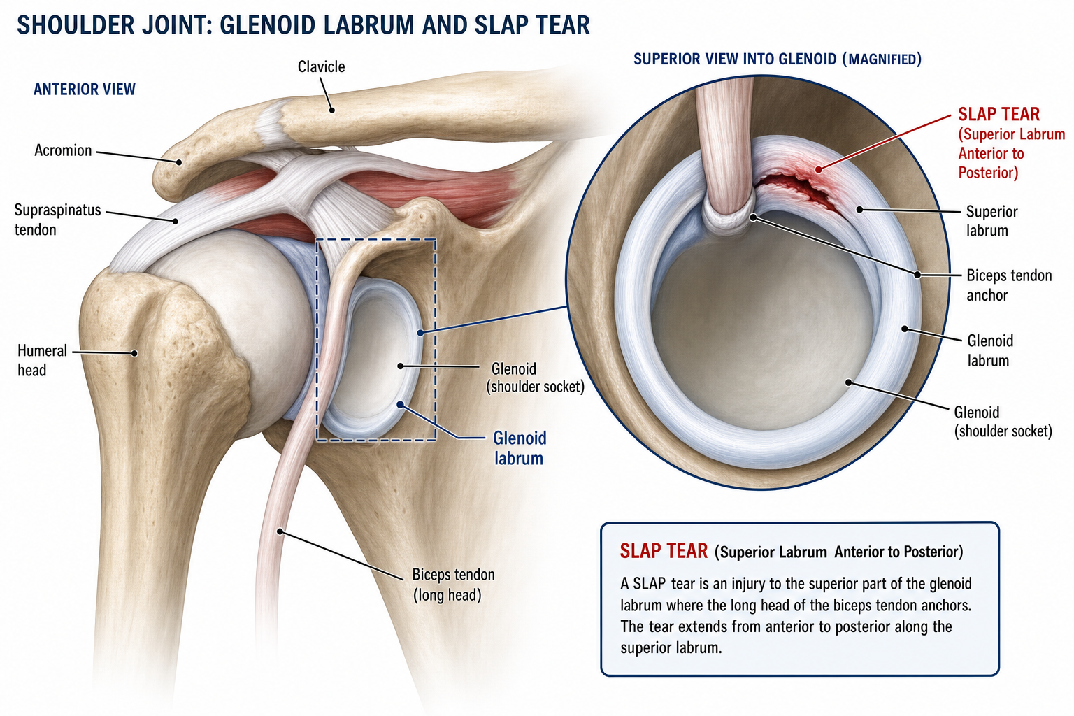 Anatomical illustration of the shoulder joint showing a SLAP tear at the superior labrum and biceps anchor