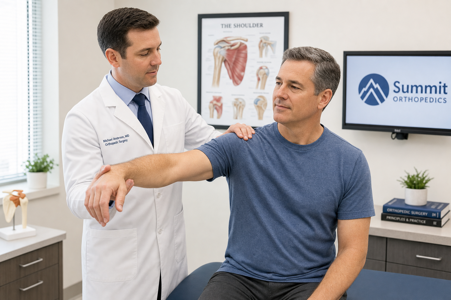 Orthopedic shoulder surgeon performing a physical examination of a patient's shoulder range of motion