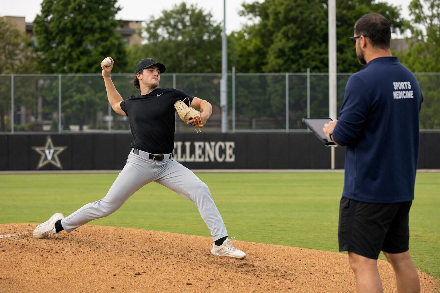 Baseball pitcher performing a supervised return-to-throwing progression after SLAP tear treatment