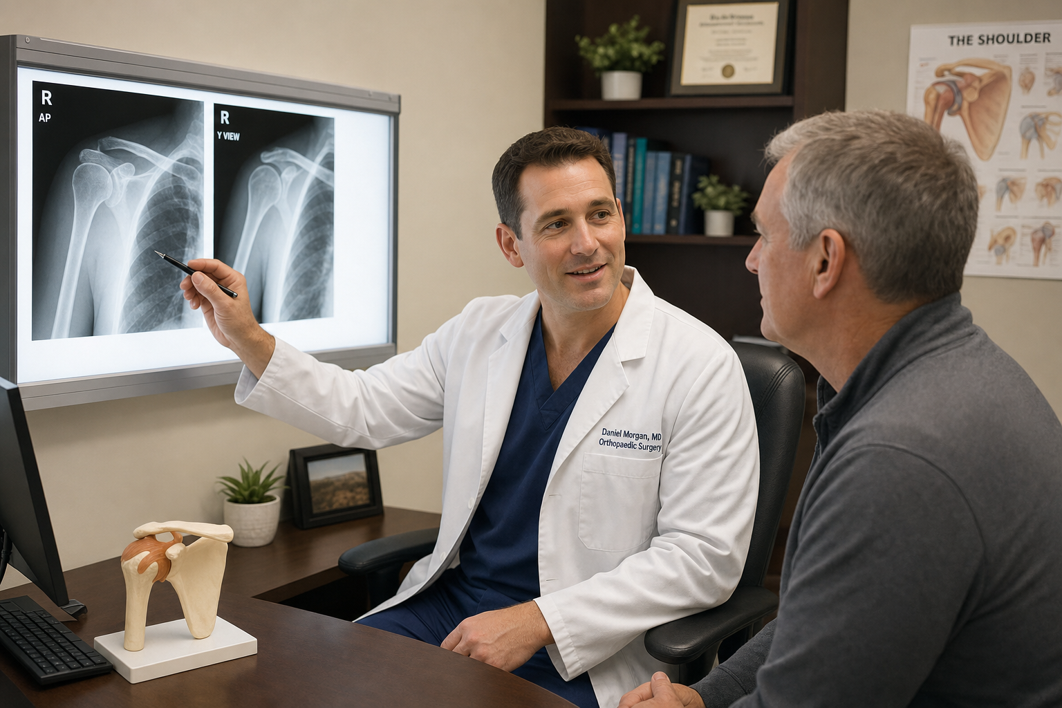 Orthopedic surgeon reviewing shoulder X-rays with a patient during a consultation at a shoulder specialty clinic