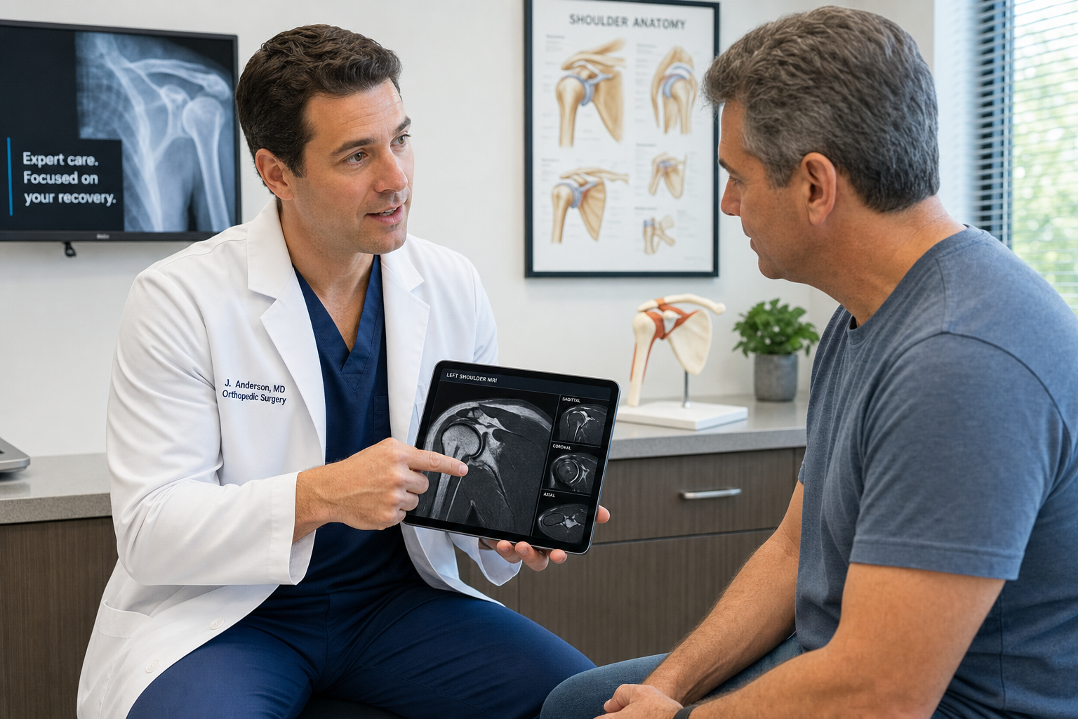 Orthopedic shoulder surgeon reviewing MRI results with a patient during a consultation