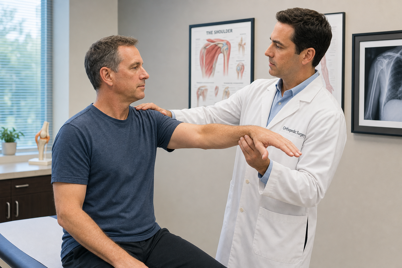 Orthopedic shoulder surgeon performing a clinical examination of a patient's shoulder range of motion