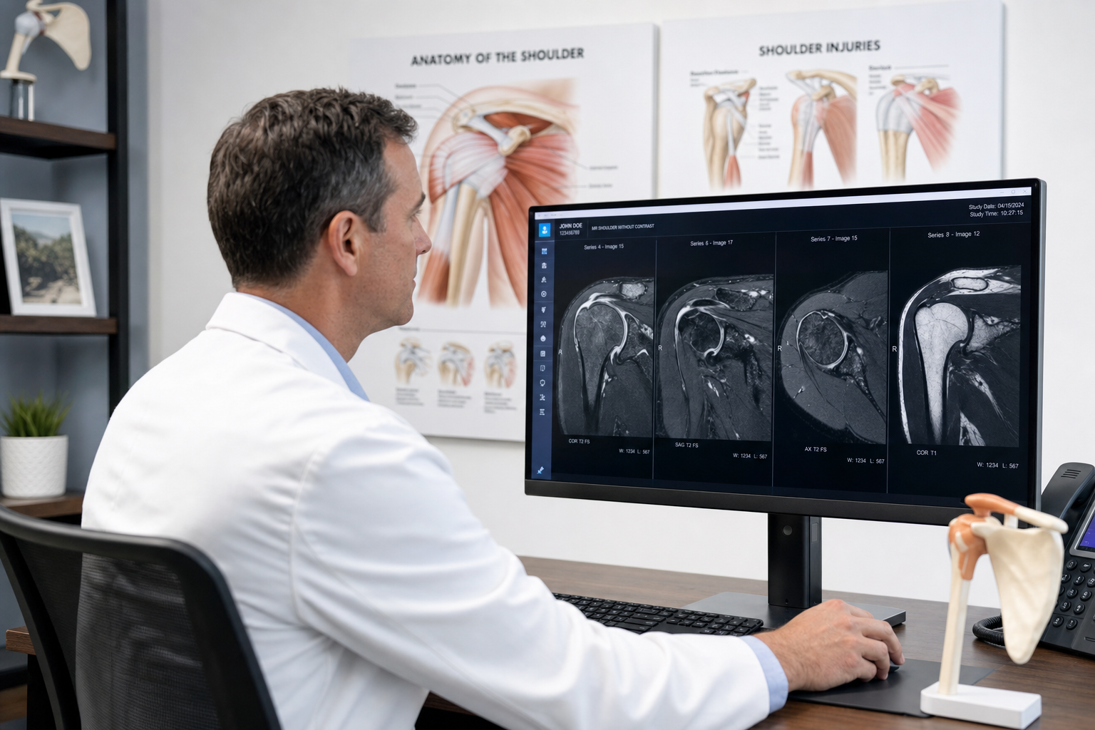 Orthopedic surgeon reviewing shoulder MRI scans during a second opinion consultation in Clermont FL