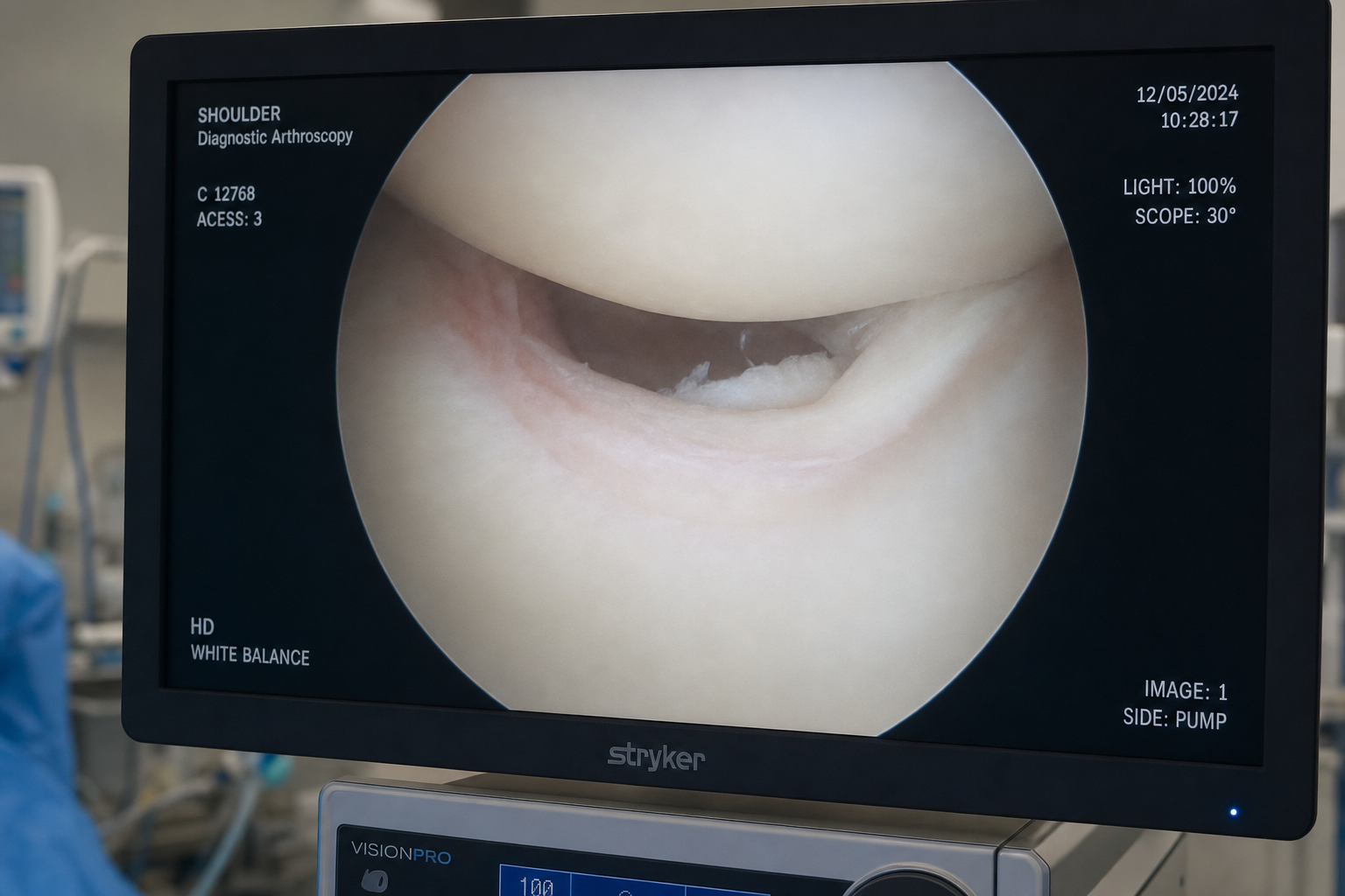 Arthroscopic monitor view of shoulder joint interior during minimally invasive labral repair surgery