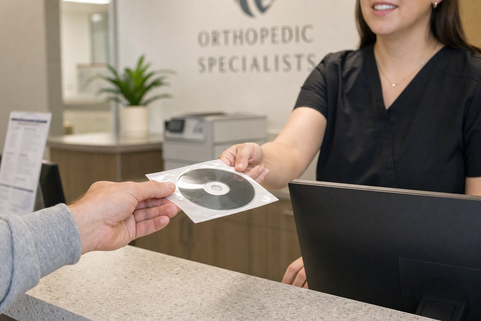 Patient providing shoulder MRI imaging disc to orthopedic clinic staff at check-in