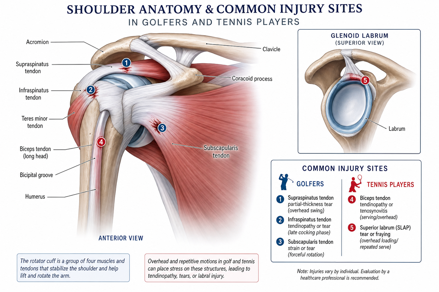 Anatomical illustration of the shoulder joint showing rotator cuff and labrum injury sites common in golfers and tennis players