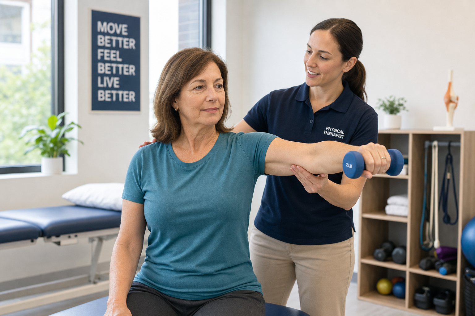 Physical therapist assisting a patient with shoulder rehabilitation exercises in a clinical setting