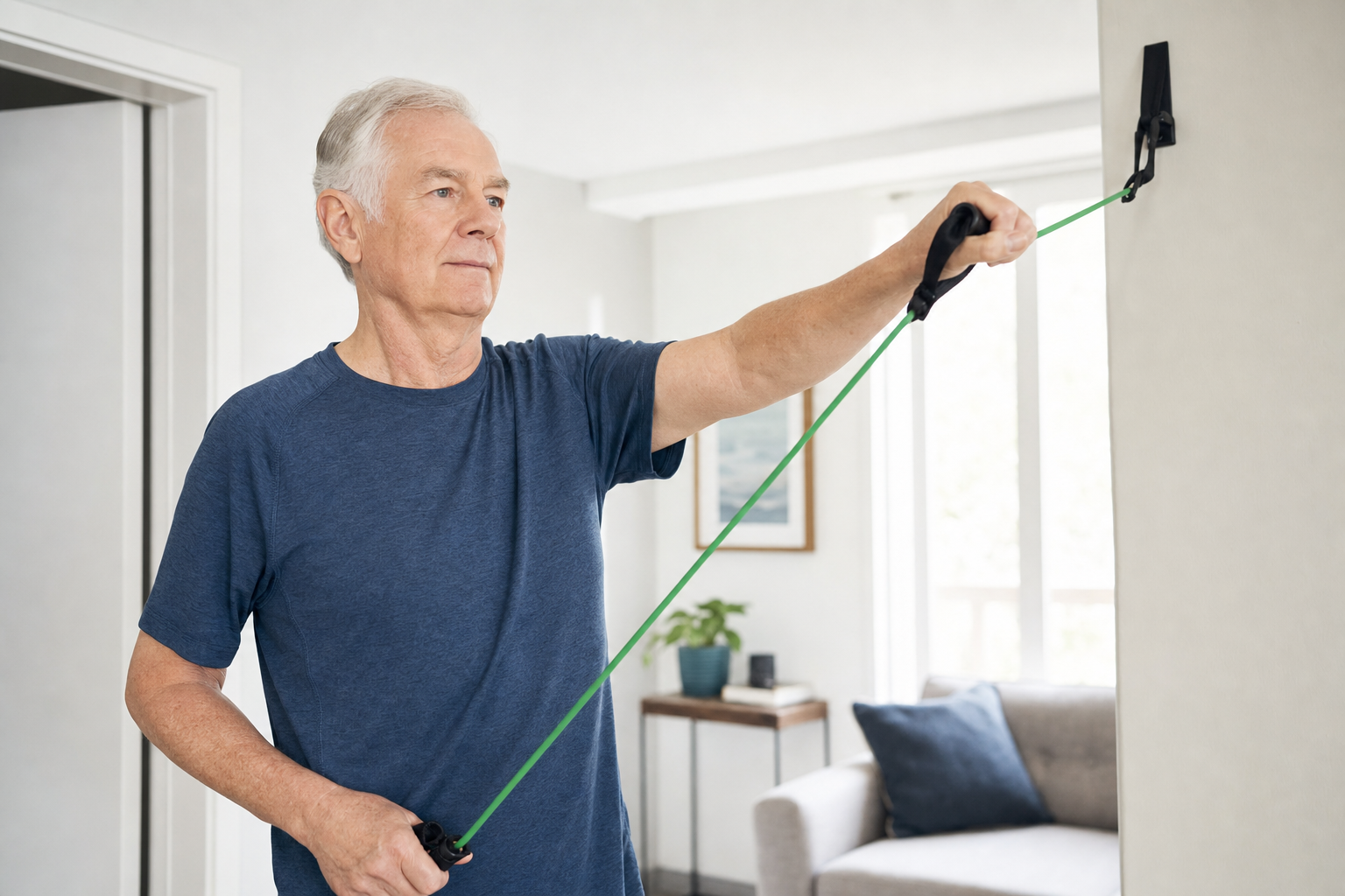 Senior patient performing home shoulder rehabilitation exercise with resistance band after shoulder replacement