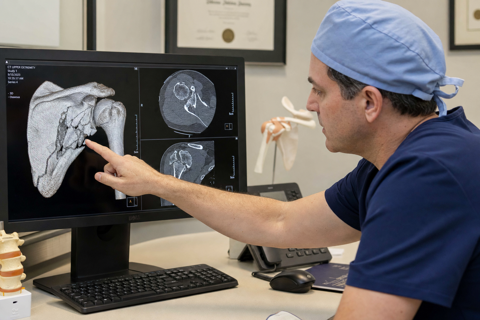 Orthopedic surgeon reviewing CT scan images of a complex shoulder fracture