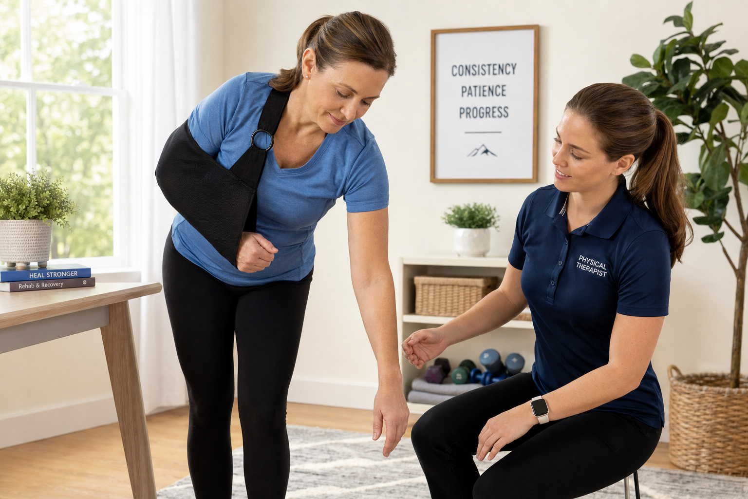 Patient wearing a shoulder sling performing a pendulum exercise during early rotator cuff repair recovery