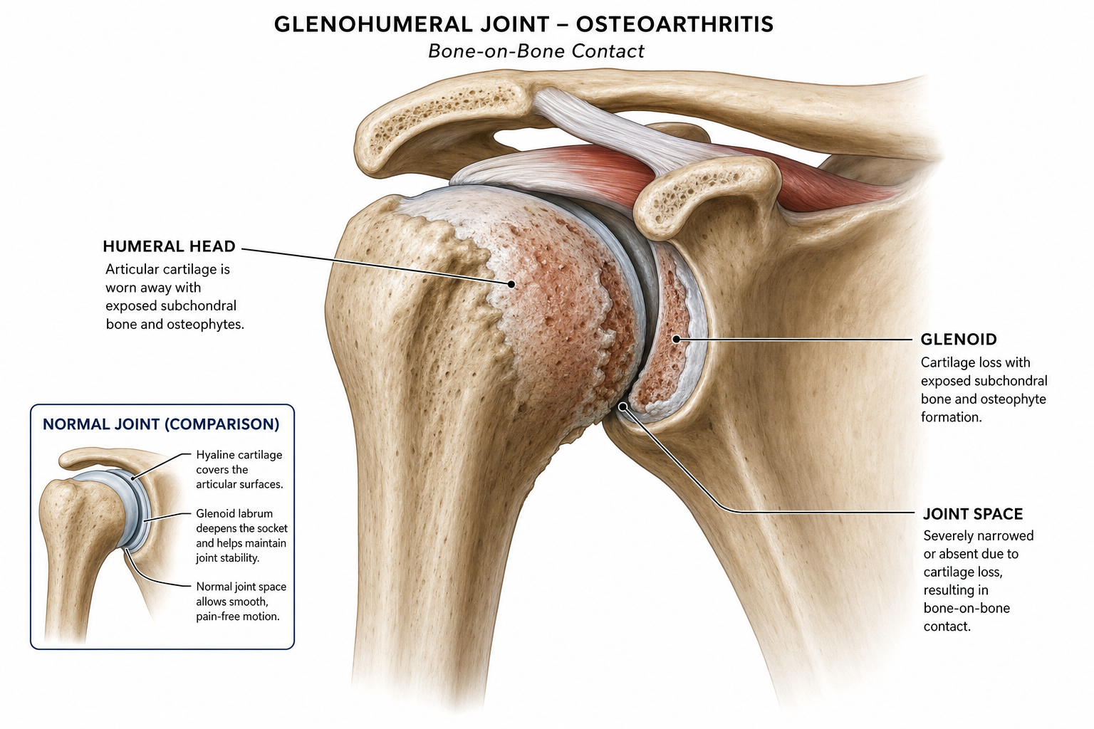 Anatomical illustration of glenohumeral shoulder arthritis showing cartilage loss and bone-on-bone contact
