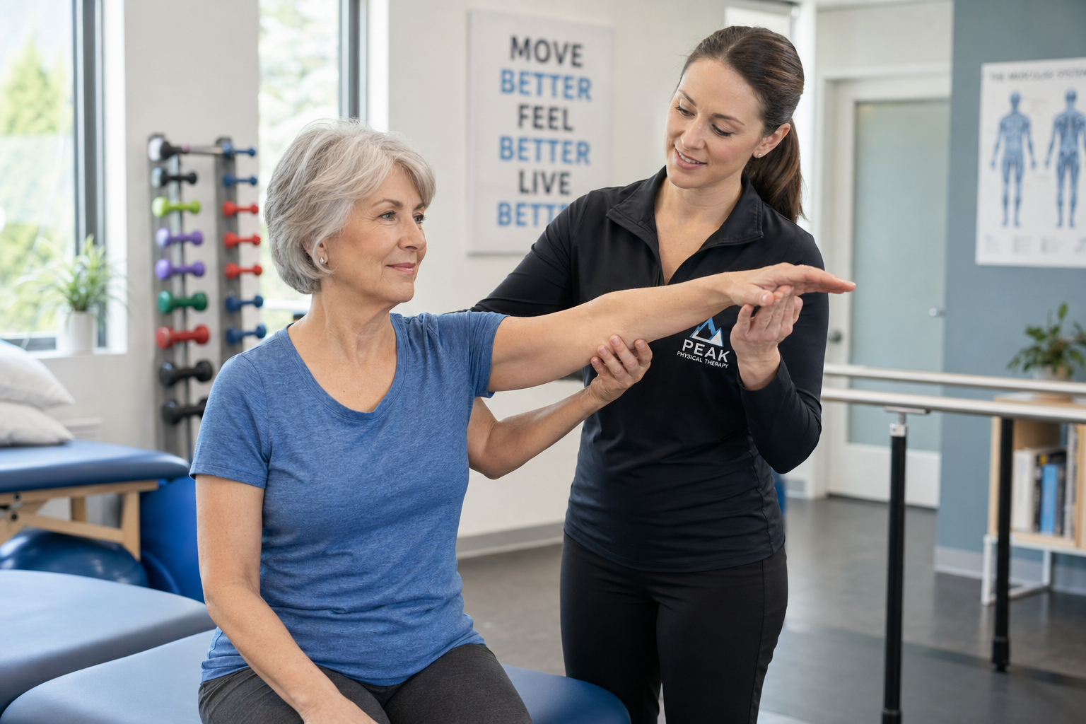 Physical therapist guiding a patient through shoulder range-of-motion rehabilitation exercises
