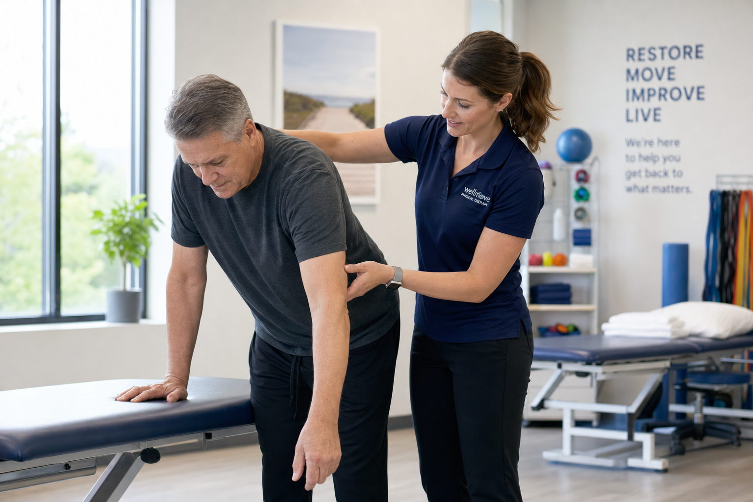 Physical therapist assisting a patient with shoulder range-of-motion exercises in a rehabilitation clinic