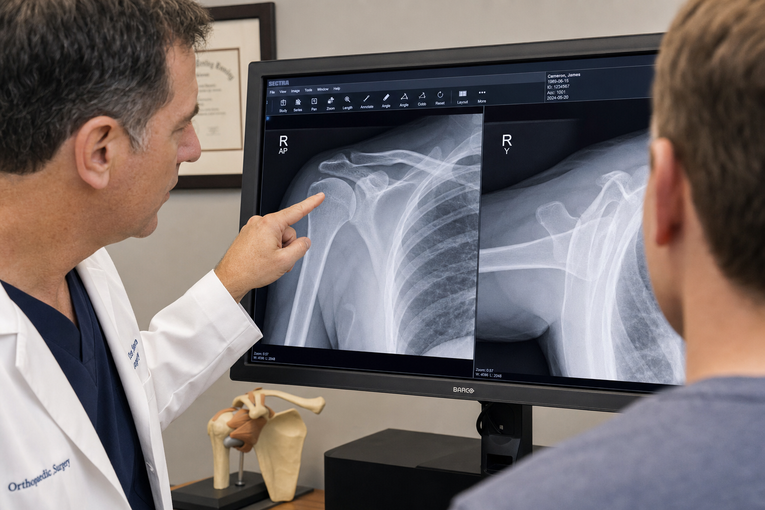Orthopedic surgeon reviewing shoulder X-ray images with a patient during a clinical consultation