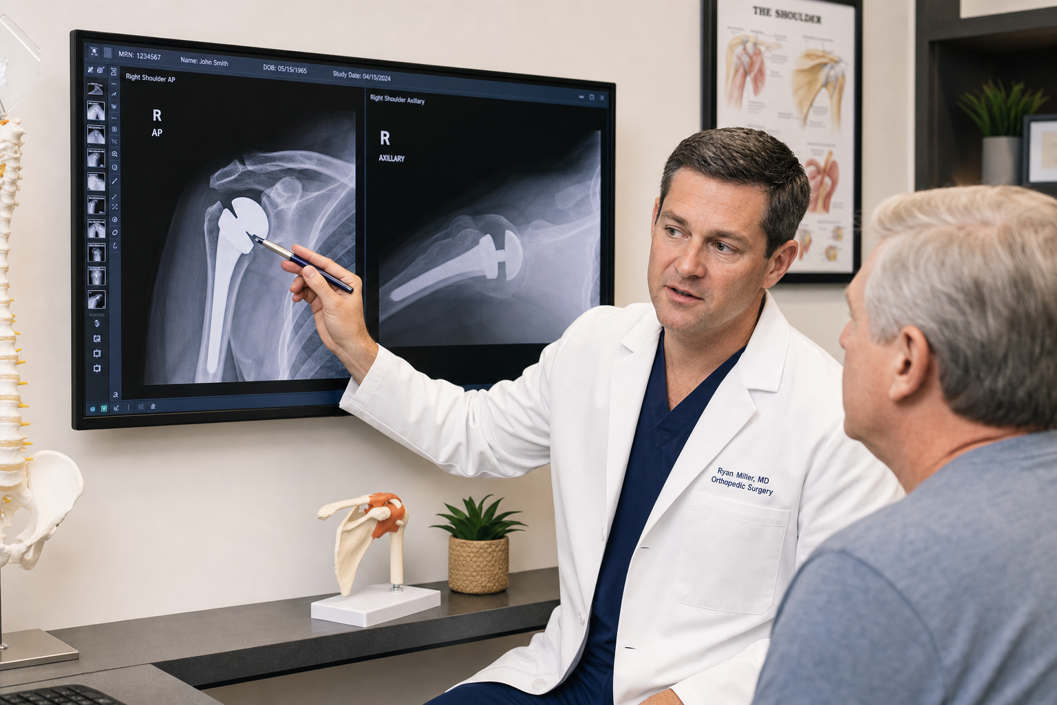 Orthopedic surgeon reviewing shoulder replacement X-ray with patient during a revision consultation