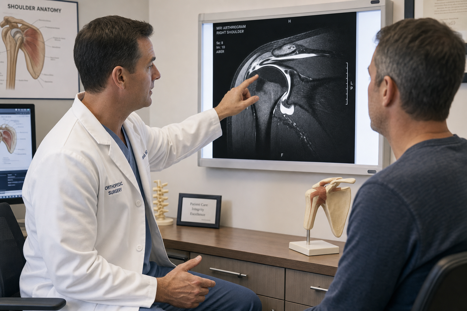 Orthopedic shoulder surgeon reviewing MRI arthrogram images to diagnose a SLAP tear in a clinical setting
