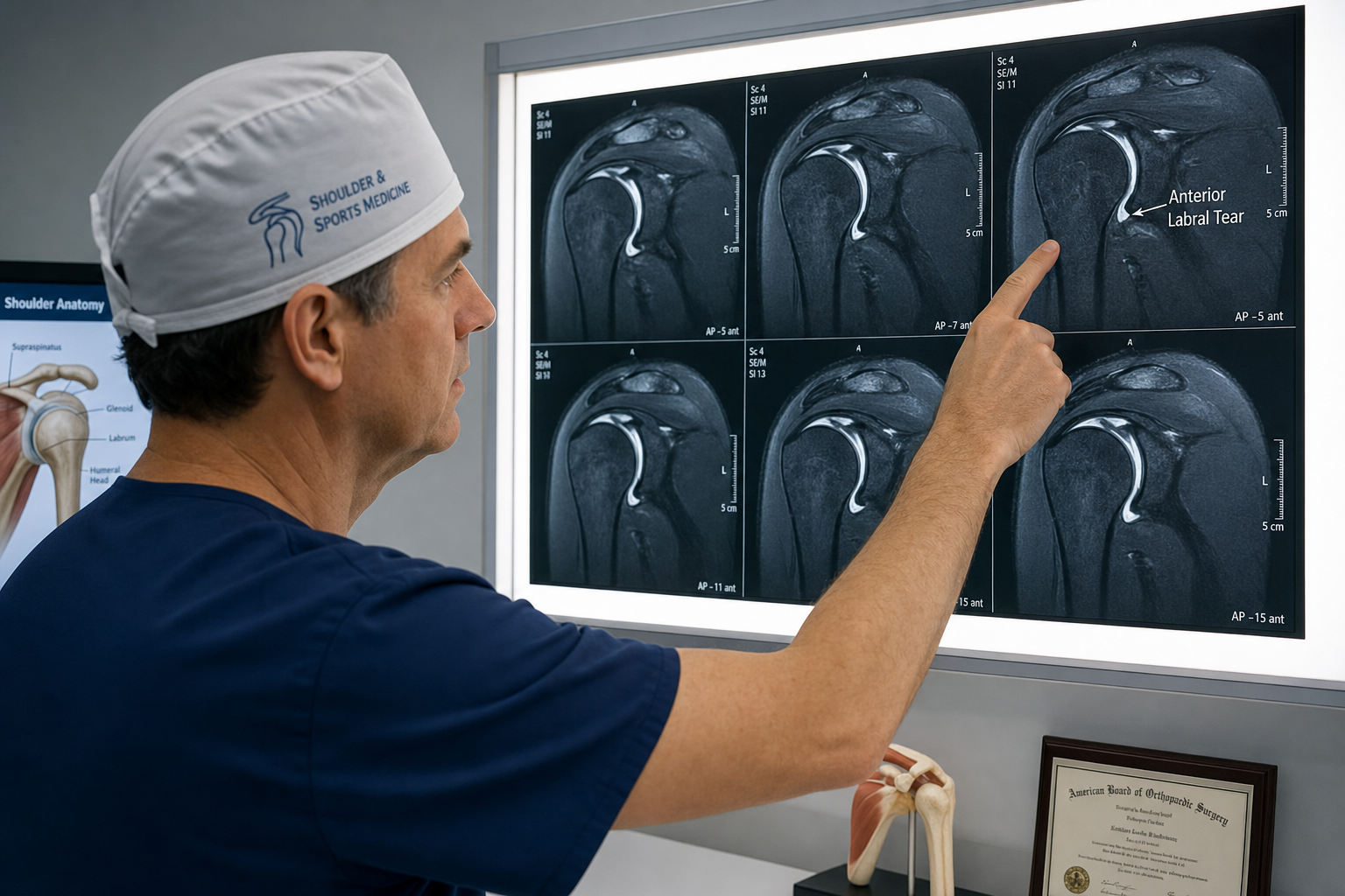 Orthopedic surgeon reviewing shoulder MRI scans to evaluate labral tear and bone loss