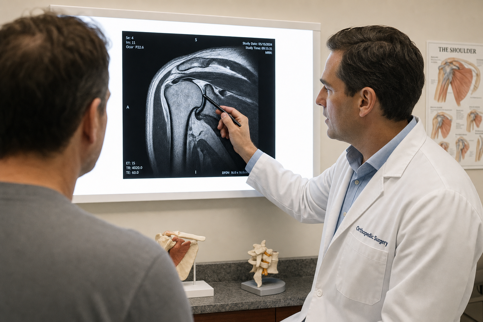 Physician reviewing a shoulder MRI scan showing rotator cuff tear findings in a clinical consultation room