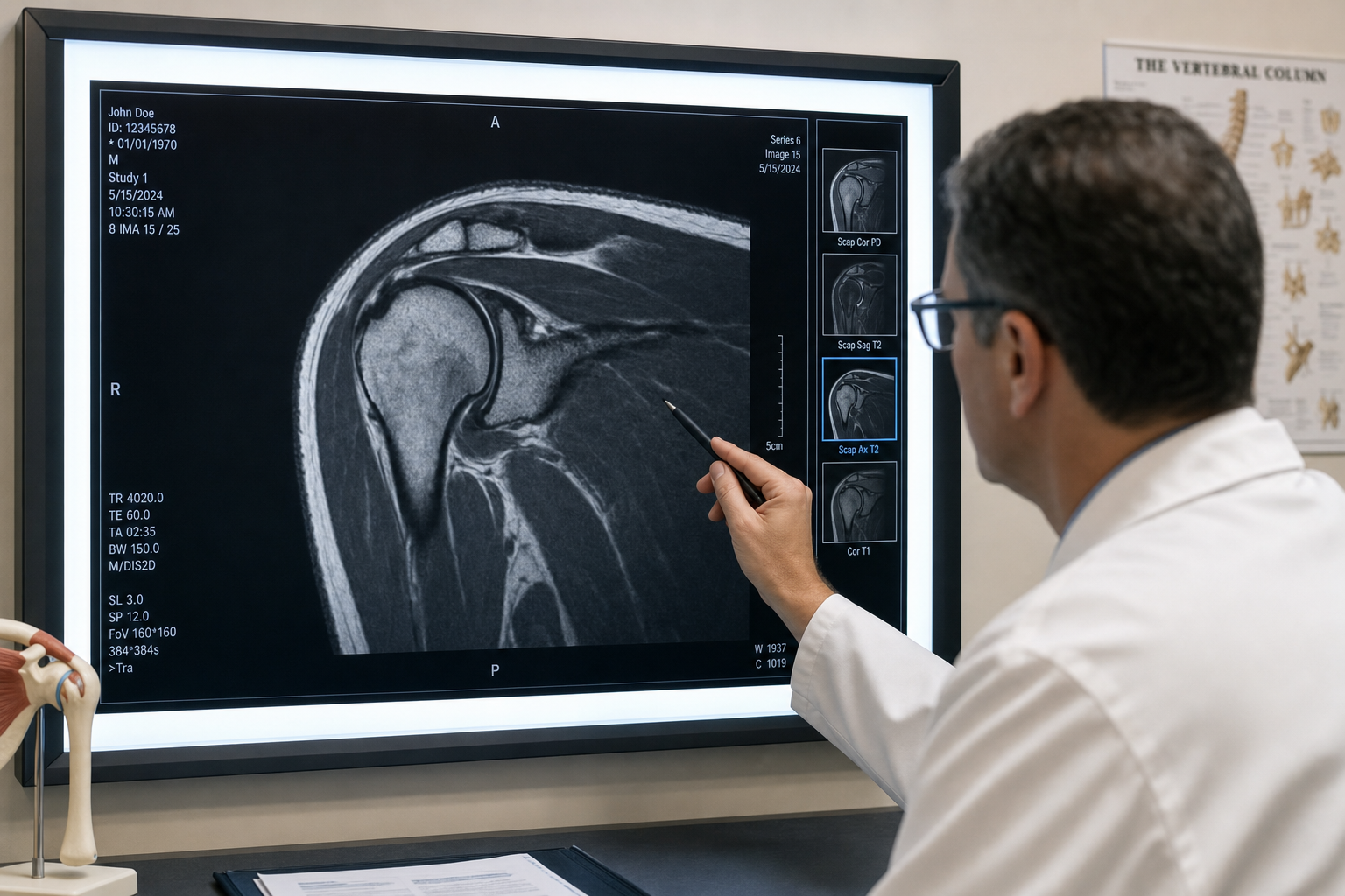 Physician reviewing a shoulder MRI scan to evaluate rotator cuff and subacromial space for impingement