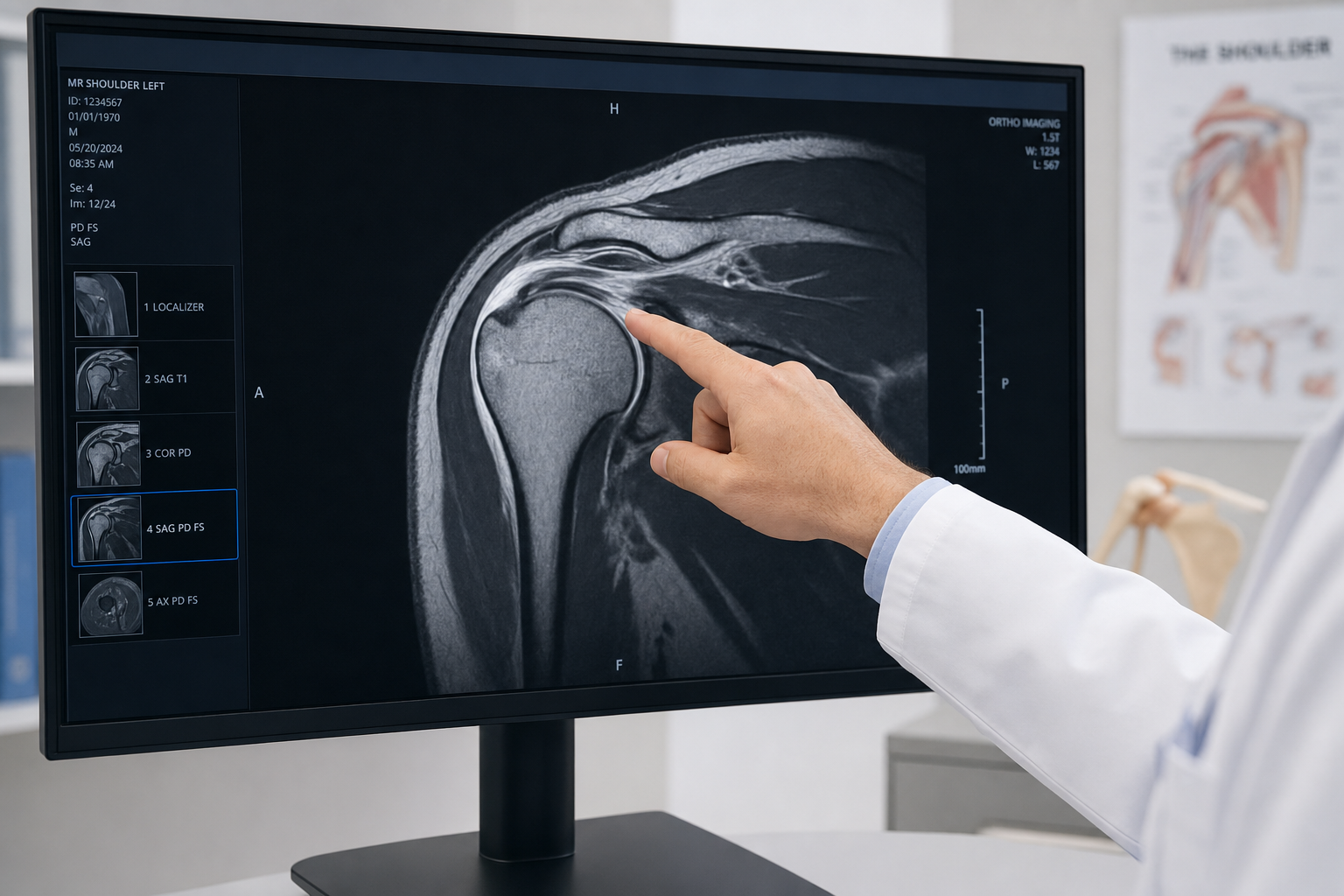 Shoulder MRI scan displayed on a clinical monitor showing rotator cuff soft tissue detail