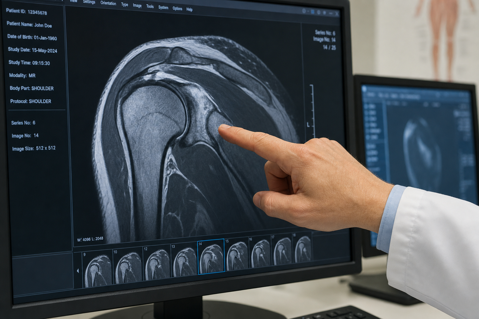 Physician reviewing a shoulder MRI scan on a clinical monitor to assess rotator cuff injury