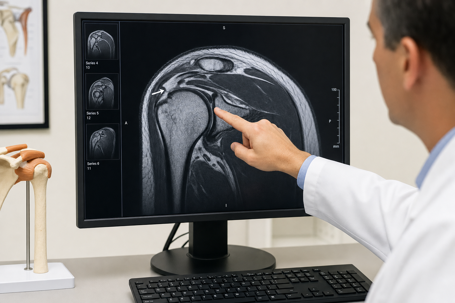 Physician reviewing a shoulder MRI scan showing a rotator cuff tear in a clinical setting