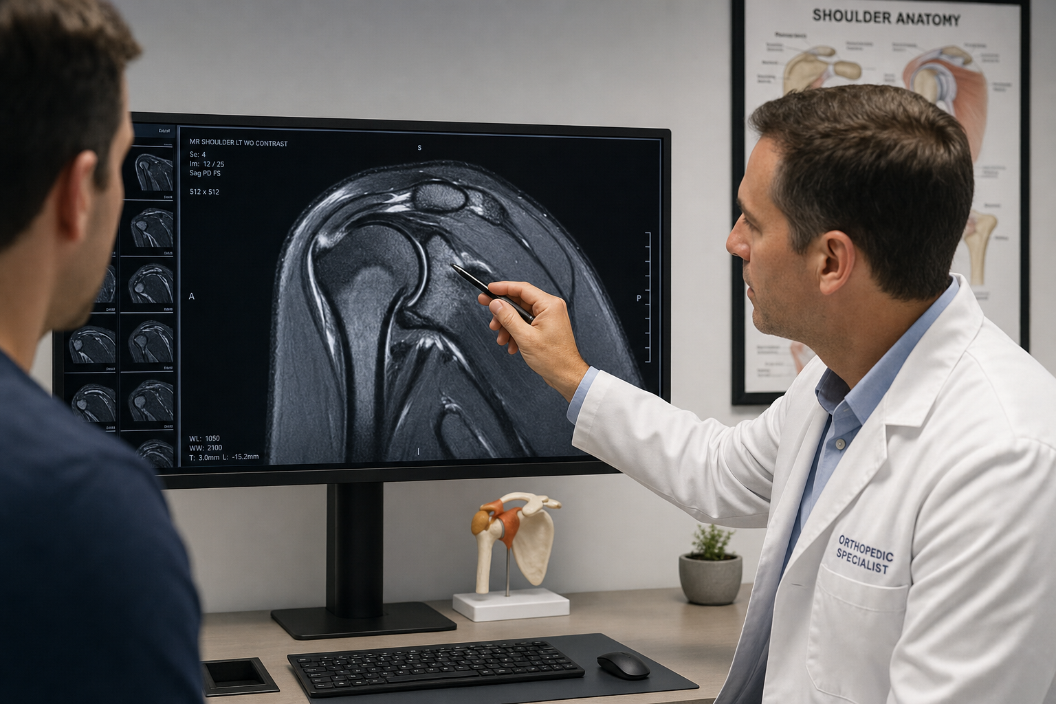 Orthopedic surgeon reviewing a shoulder MRI scan on a clinical monitor during a consultation