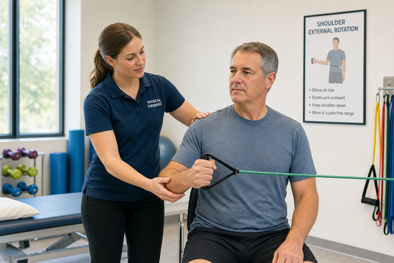Physical therapist guiding a patient through shoulder rehabilitation exercises as a non-surgical treatment option