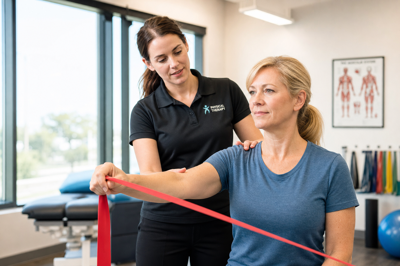 Physical therapist guiding a patient through shoulder rehabilitation exercises in a therapy clinic