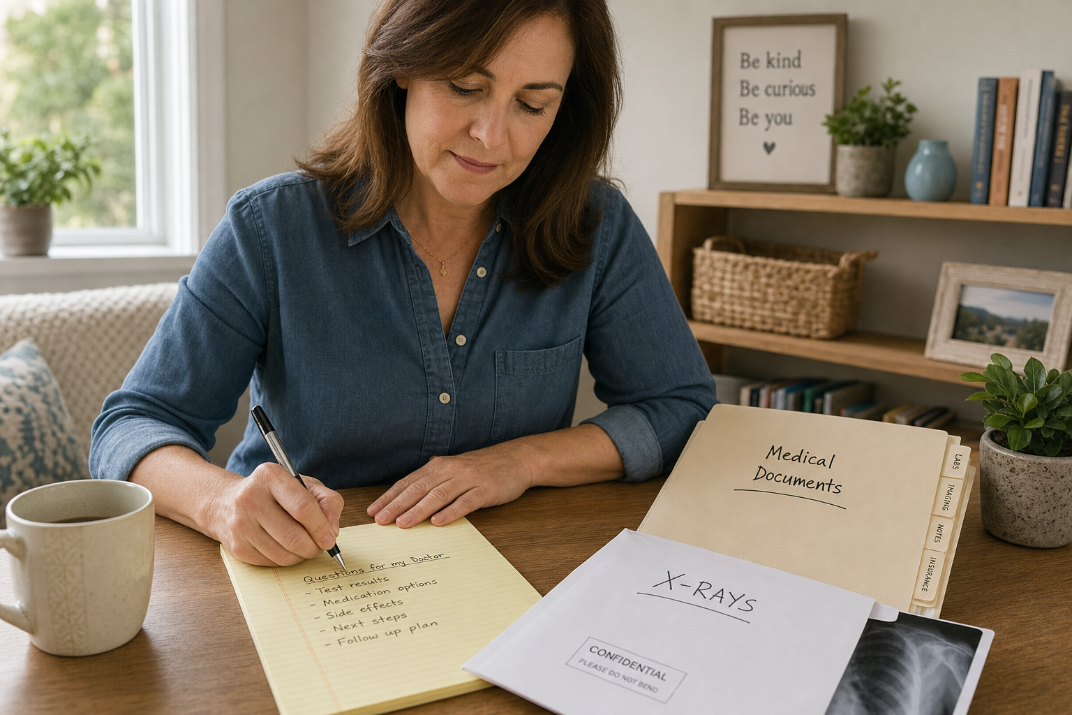 Patient preparing for a shoulder specialist visit by organizing medical records and writing symptom notes