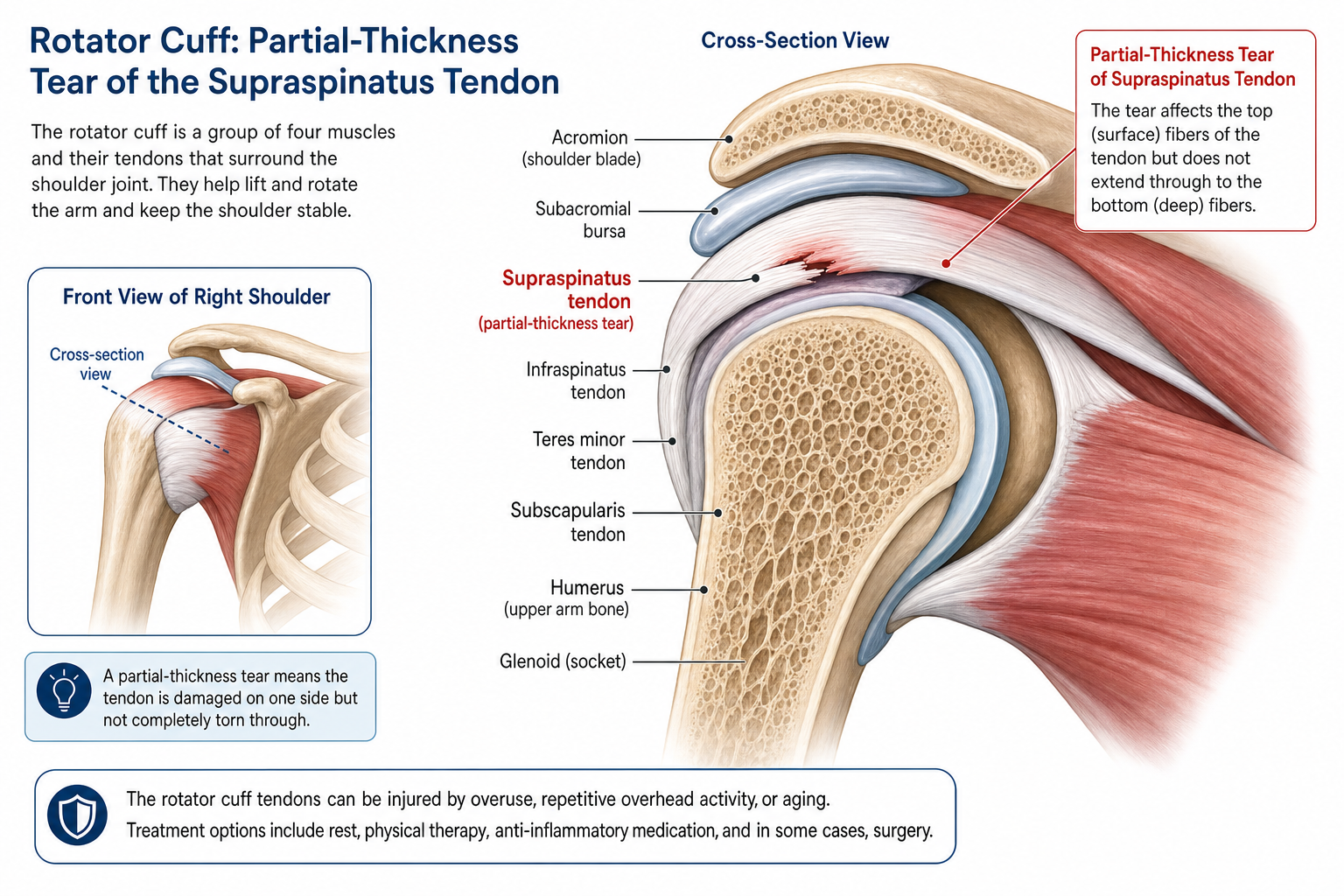 Anatomical illustration of the shoulder showing a partial-thickness rotator cuff tear of the supraspinatus tendon