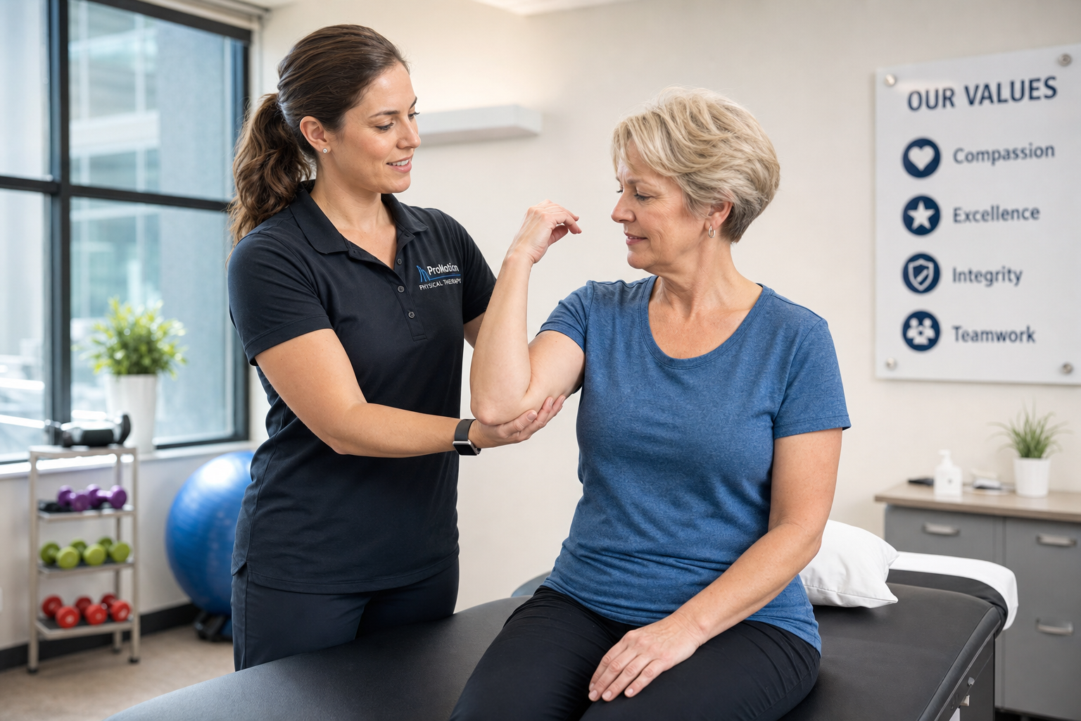 Physical therapist performing passive range-of-motion exercises on a patient recovering from rotator cuff repair.