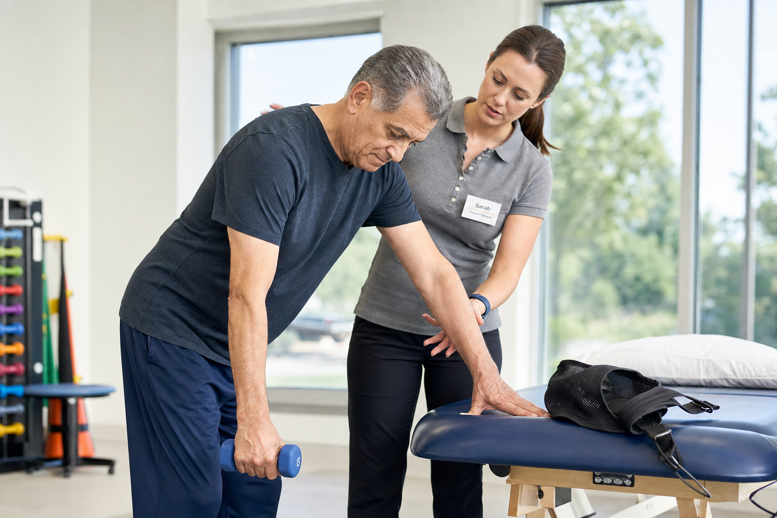 Mature patient performing pendulum shoulder exercise during physical therapy after shoulder replacement surgery