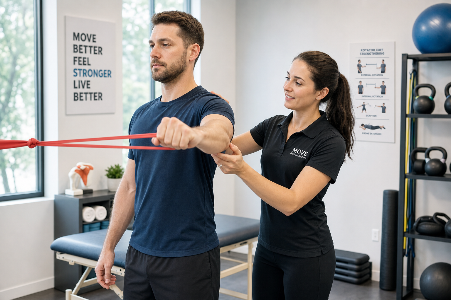 Patient performing rotator cuff rehabilitation exercises with a physical therapist after a PRP shoulder injection