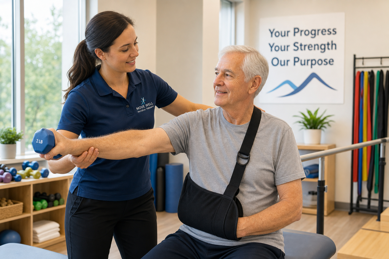Physical therapist assisting a patient with shoulder range-of-motion exercises after a fracture