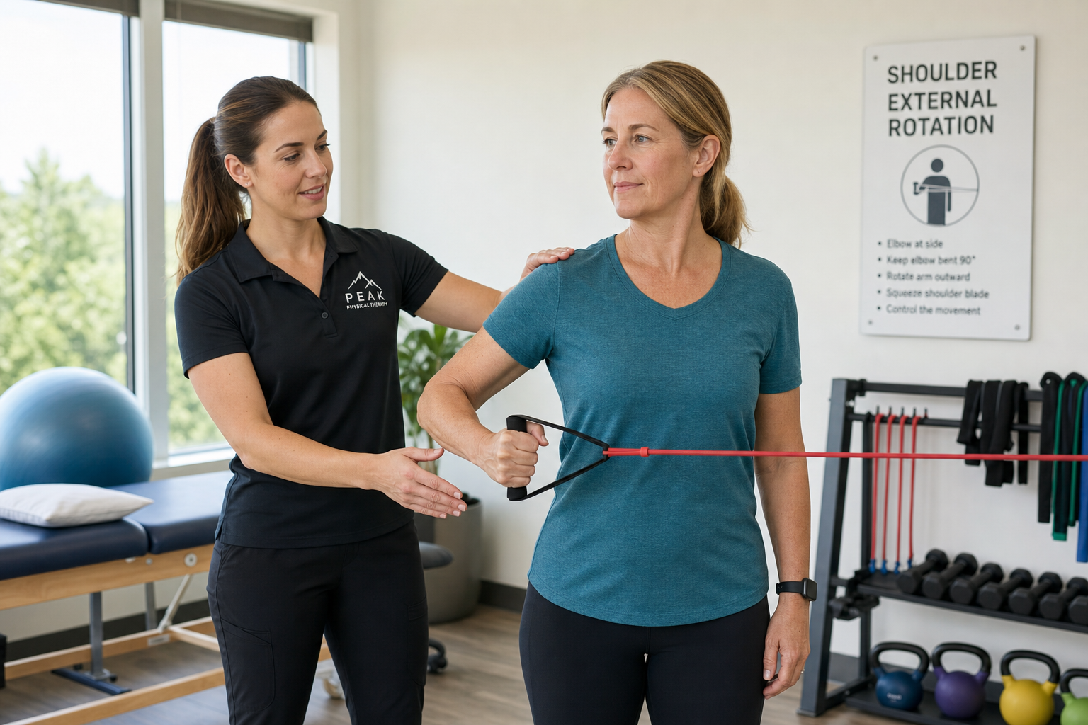 Physical therapist guiding a patient through shoulder rehabilitation exercises in a modern clinic