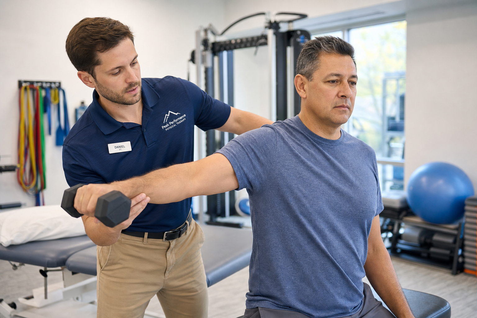 Physical therapist guiding a patient through shoulder range-of-motion exercises in a rehabilitation clinic