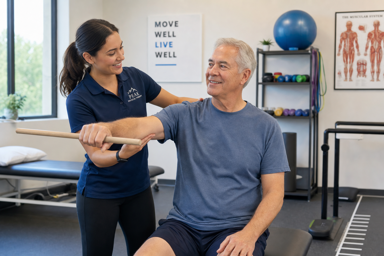 Physical therapist assisting a senior patient with shoulder rehabilitation exercises after shoulder replacement surgery