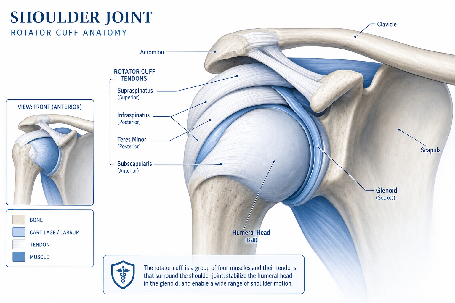 Anatomical illustration of the shoulder joint and rotator cuff tendons used in orthopedic education