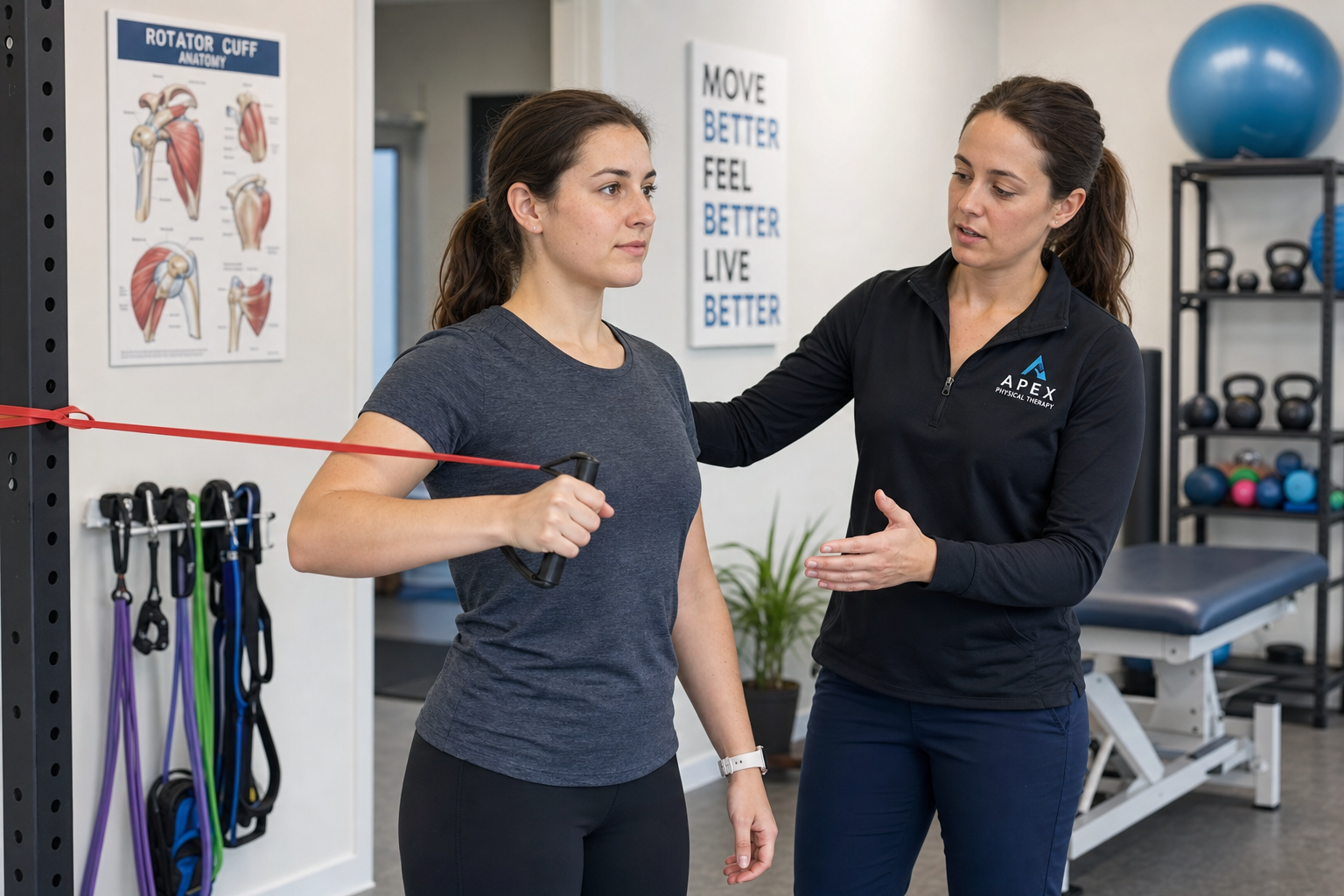 Patient performing resistance band shoulder strengthening exercises during rotator cuff repair rehabilitation.