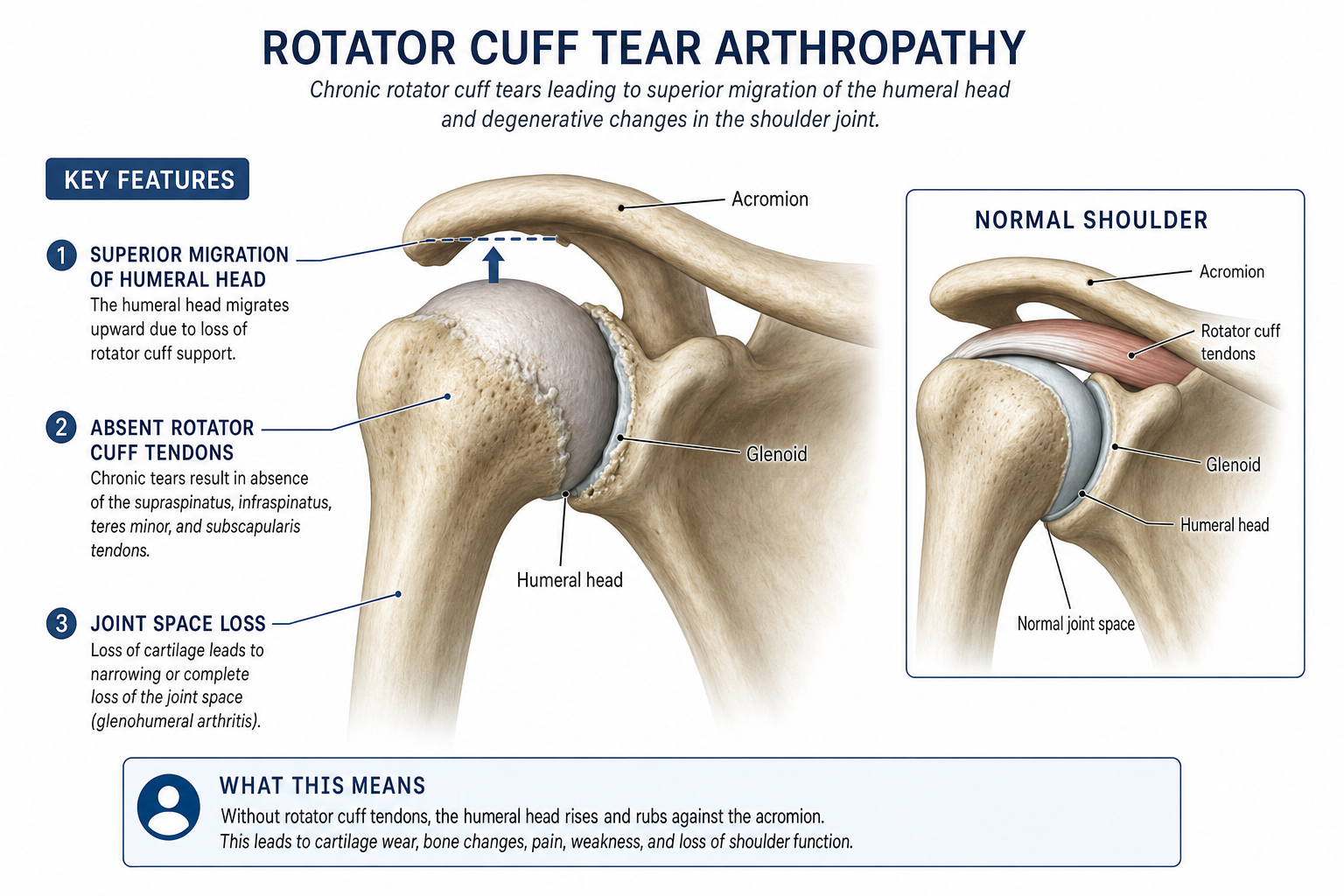 Anatomical illustration of rotator cuff tear arthropathy showing humeral head migration and joint damage