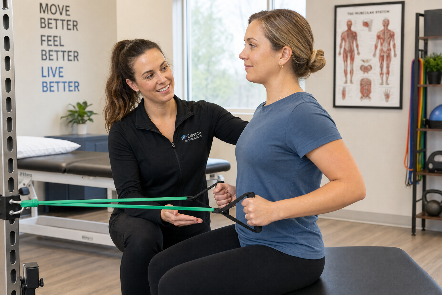 Physical therapist guiding a patient through a scapular stabilization exercise for shoulder impingement rehabilitation