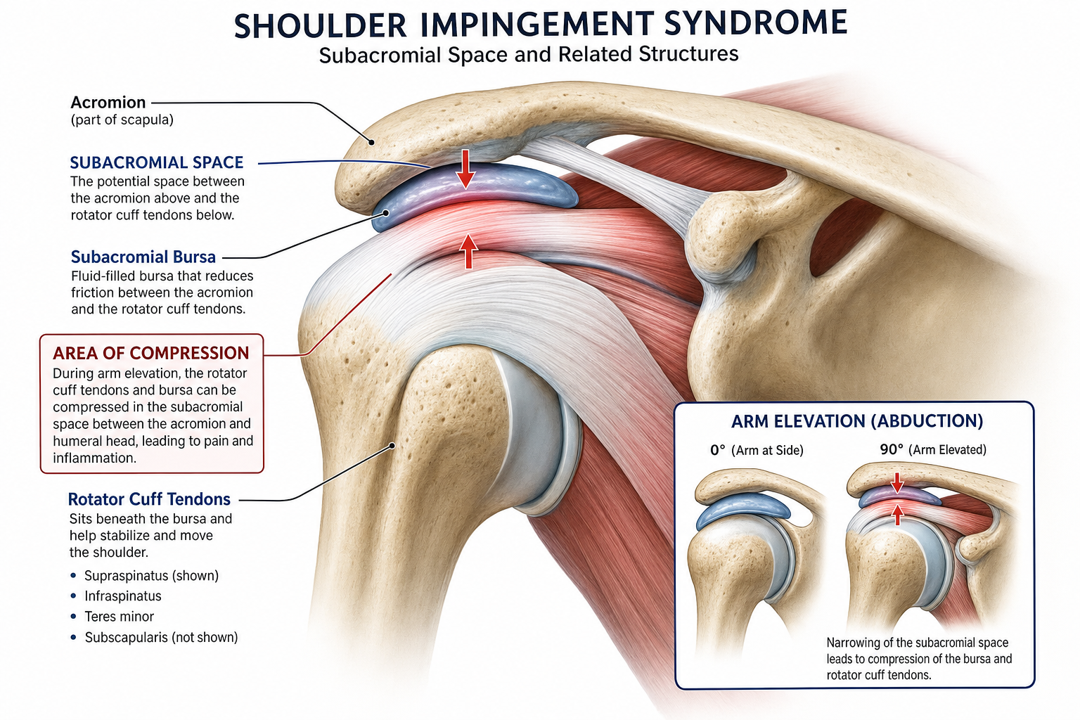 Anatomical diagram of the shoulder joint showing subacromial space and rotator cuff tendons in impingement